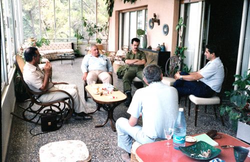 Bashir Gemayel (far right) and Ariel Sharon, 1982
